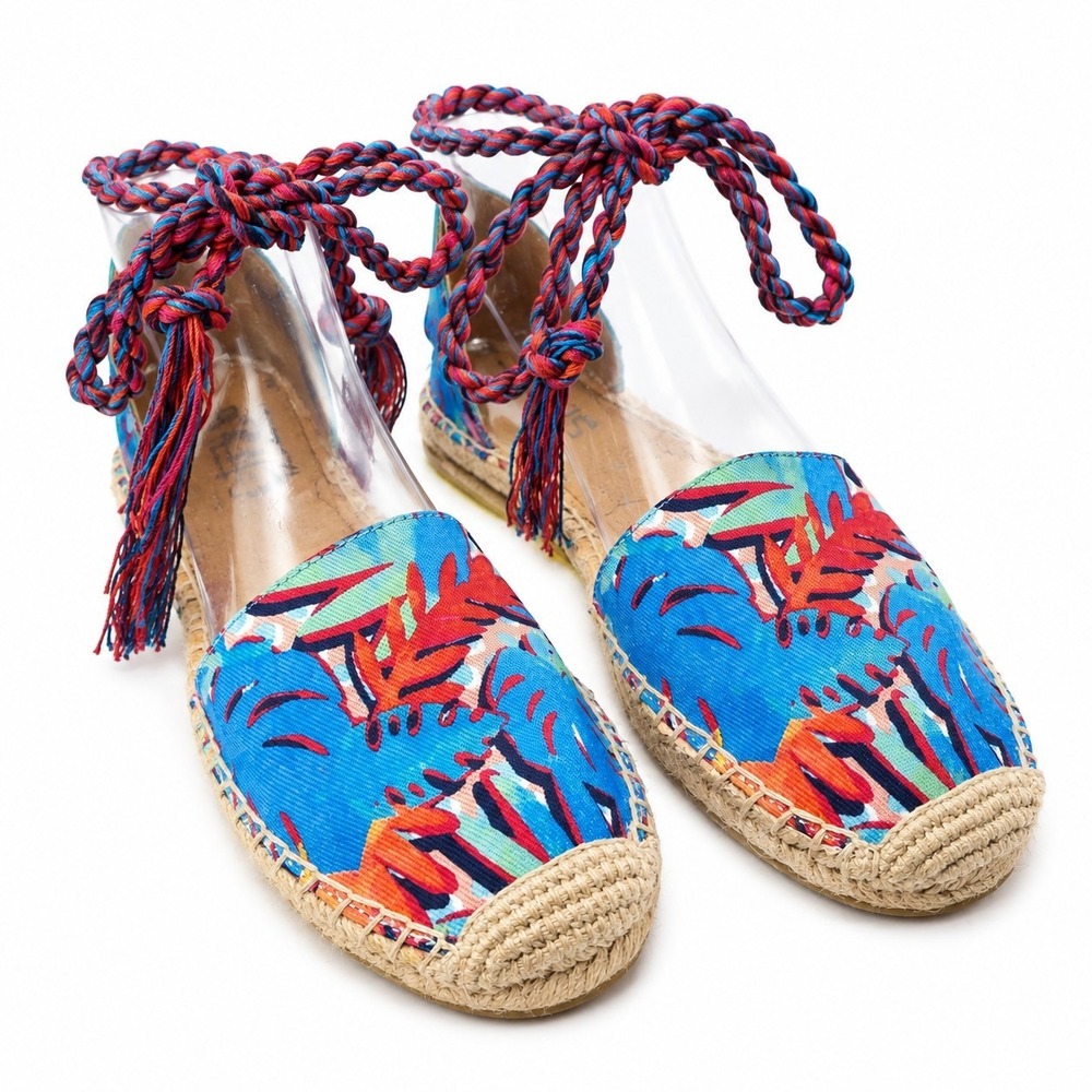 Circus SAM EDELMAN "Lenora" Espadrille Sz 7.5 Tropical Leaf Braided Ankle Ties